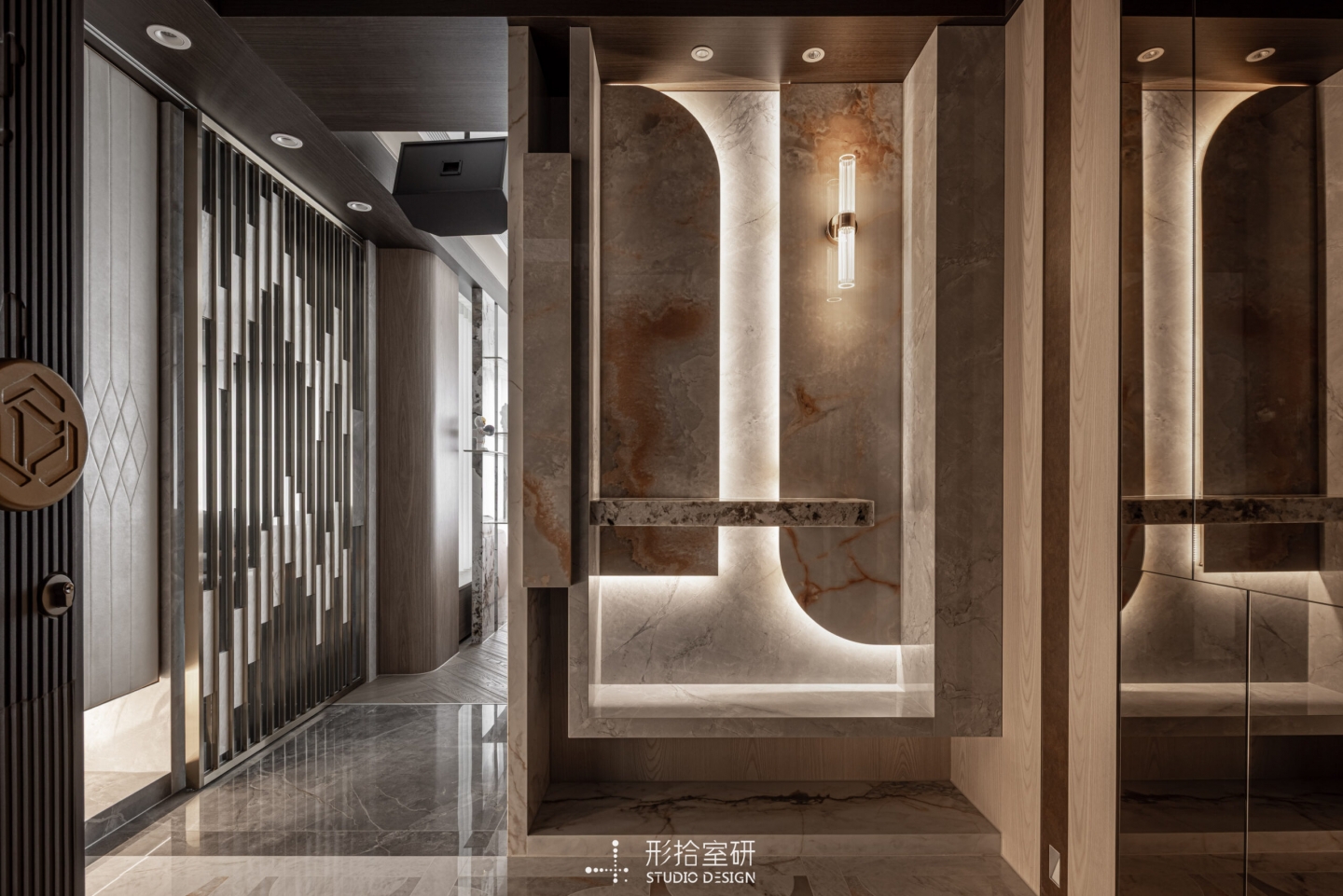 大板磚,造型牆,玄關端景牆,餐廳造型牆,居家美學,室內設計,石紋磁磚,仿石材,對花處理,豪宅設計