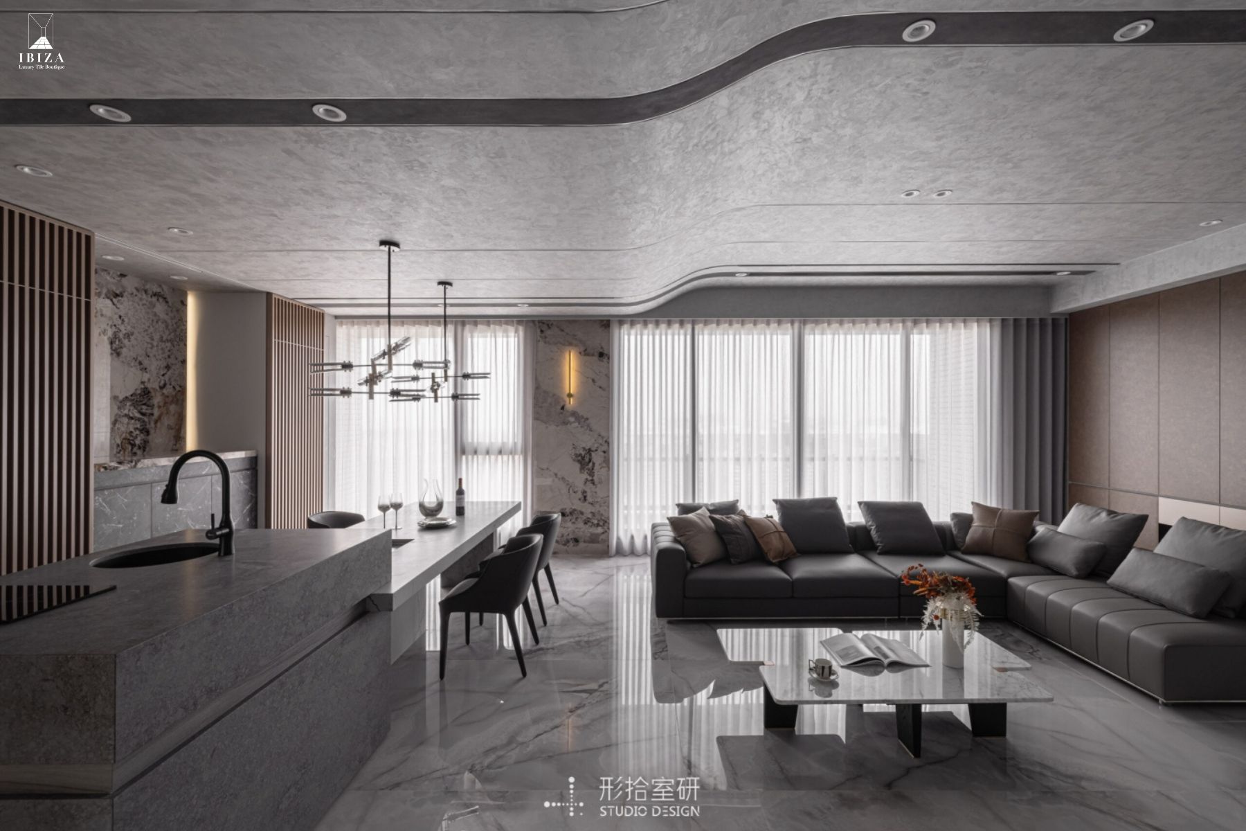 大板磚,石紋磁磚,客廳地板推薦,客餐廳設計,地坪設計,豪宅感,豪宅設計,飯店風,現代風裝潢,空間延伸感